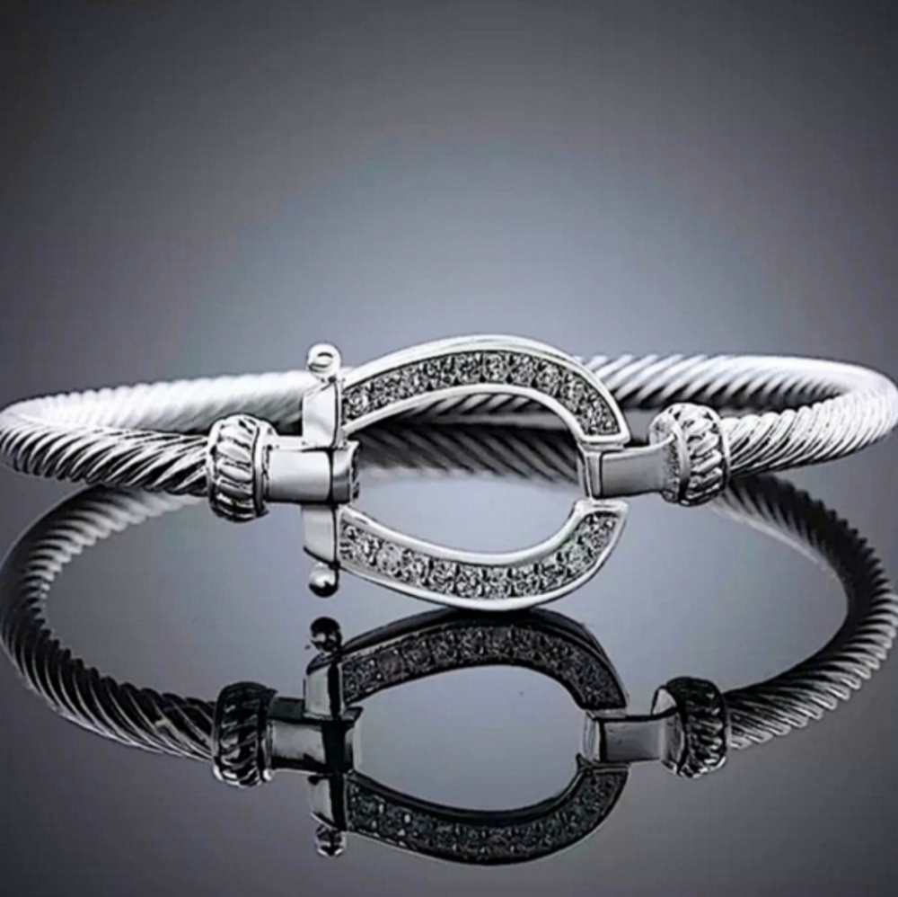 Sterling Silver 925 Horsebit Twisted Cable Zircon Crystal Luxury Bracelet - Picture 5 of 5